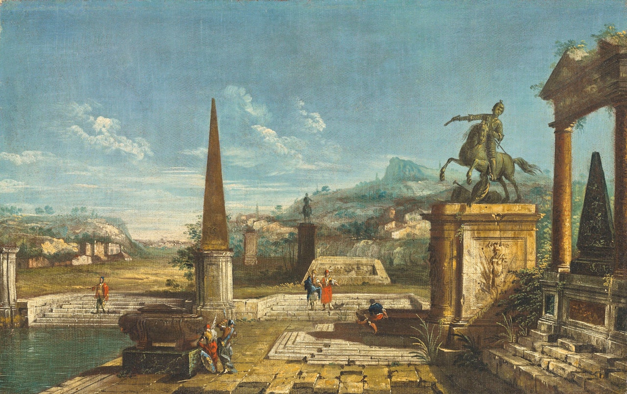 A capriccio with an equestrian statue and classical ruins by Michele Marieschi