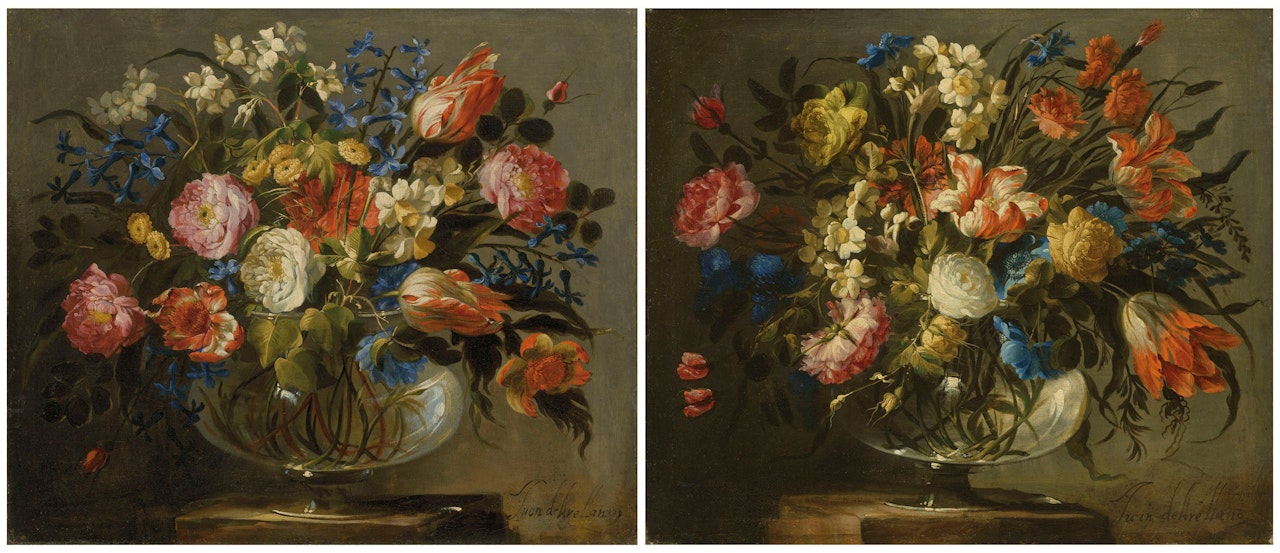 Flowers in glass vases on stone ledges by Juan de Arellano