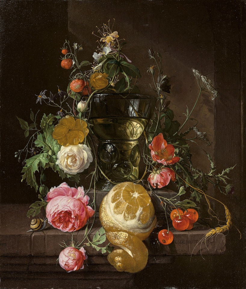 A flower garland around a berkemeier on a ledge by Cornelis de Heem
