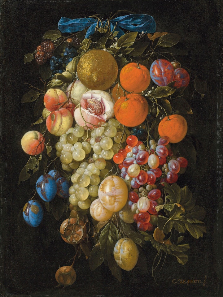 A festoon of fruit hanging from a blue ribbon by Cornelis de Heem