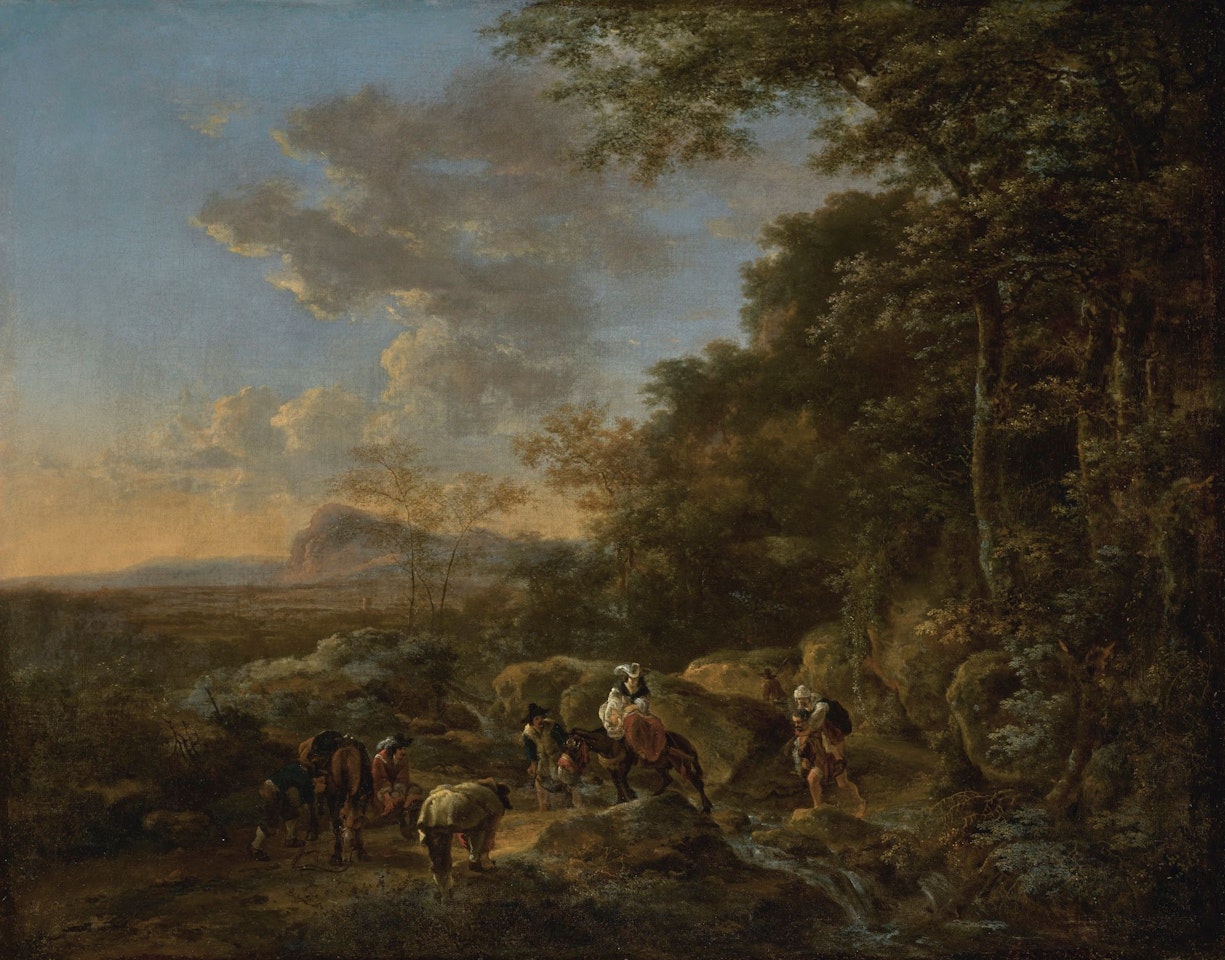 LANDSCAPE WITH TRAVELLERS ON A PATH AND A SMALL WATERFALL by Jan Both