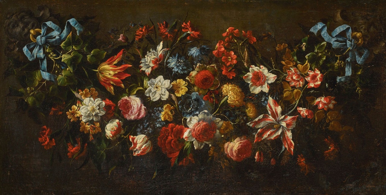A SWAG OF FLOWERS FASTENED WITH BLUE RIBBONS by Juan de Arellano