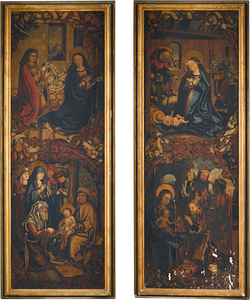 A PAIR OF PANELS DEPICTING THE ANNUNCIATION, THE NATIVITY, THE ADORATION AND THE CIRCUMCISION OF CHRIST by German School