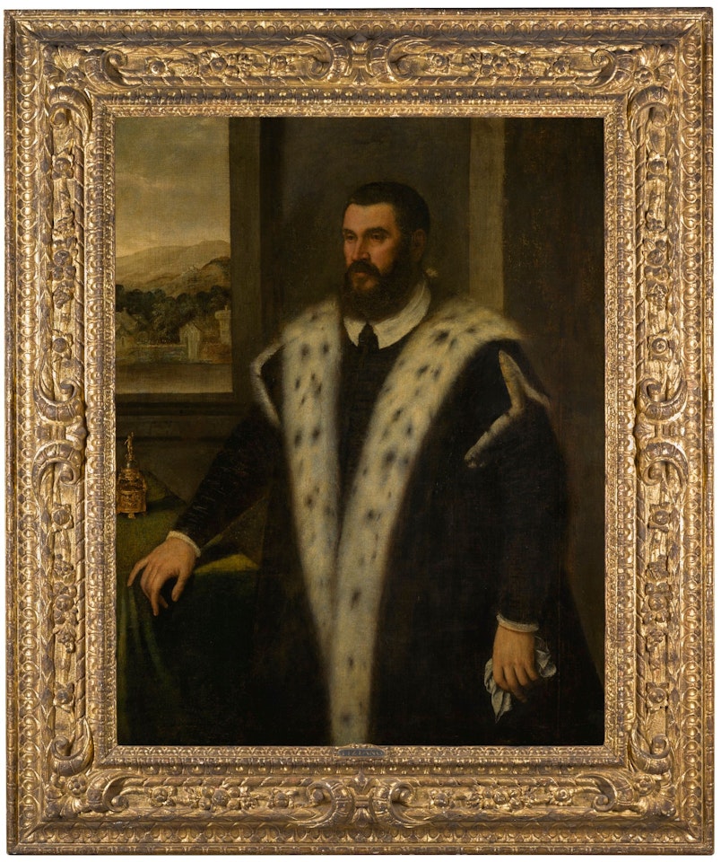 PORTRAIT OF A GENTLEMAN, THREE-QUARTER-LENGTH, DRESSED IN BLACK AND ERMINE, HOLDING GLOVES AND RESTING HIS HAND ON A TABLE ON WHICH STANDS A SCULPTURE, A LANDSCAPE BEYOND by Venetian School