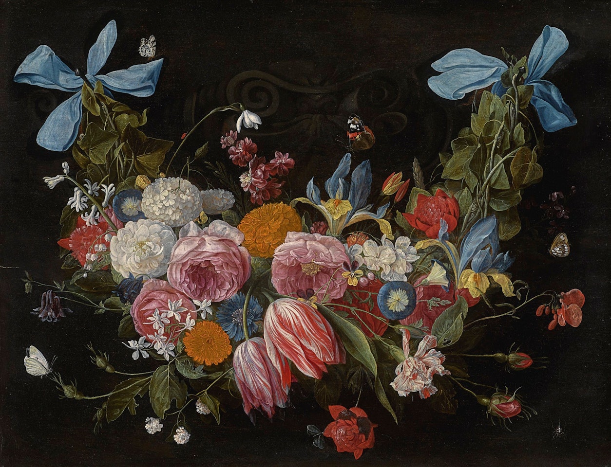 A SWAG OF FLOWERS FIXED WITH TWO BLUE RIBBONS by Jan Van Kessel The Elder
