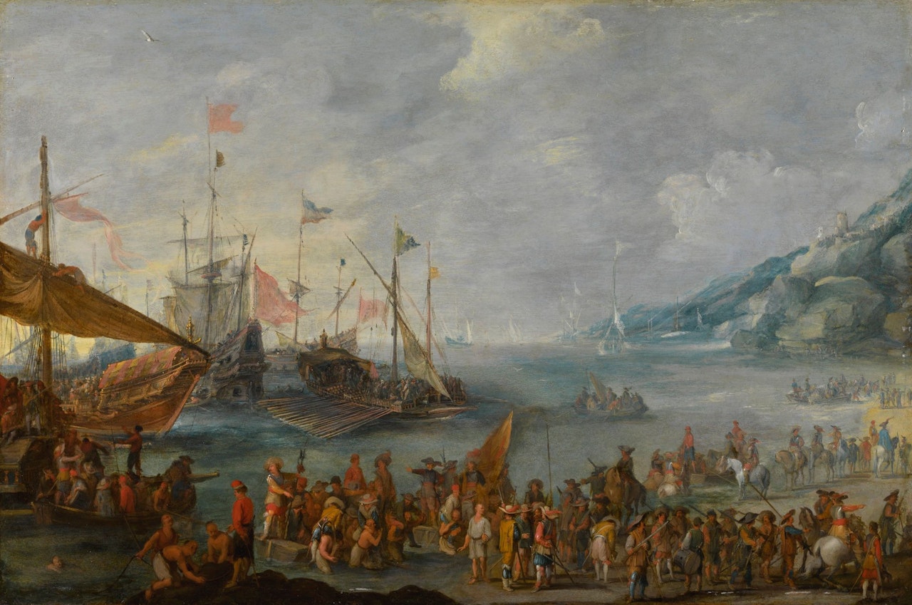 A COASTAL LANDSCAPE WITH WARSHIPS AND GALLEYS UNLOADING TRADE by Cornelis de Wael
