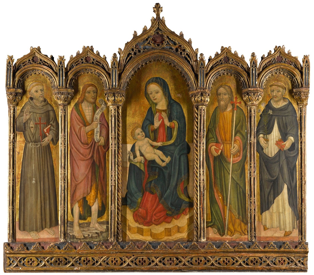 POLYPTYCH: MADONNA AND CHILD, WITH SAINTS FRANCIS OF ASSISI, JOHN THE BAPTIST, JAMES [?] AND ANTHONY OF PADUA by Venetian School