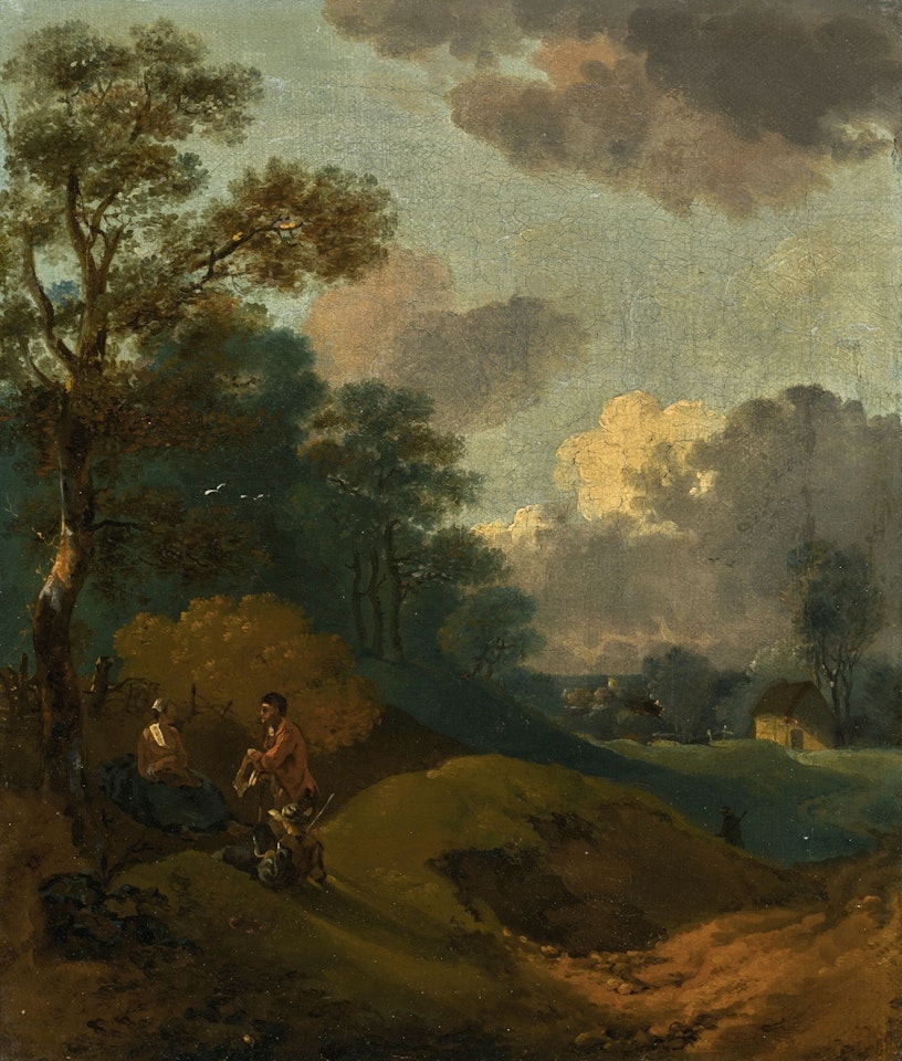 WOODED LANDSCAPE WITH PEASANTS RESTING, AND A DISTANT COTTAGE by Thomas Gainsborough
