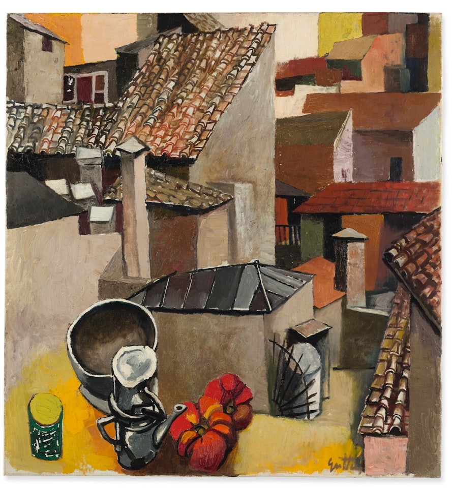 TETTI SU VIA LEONINA (OGGETTI SU VIA LEONINA-NATURA MORTA ALLA FINESTRA) by Renato Guttuso