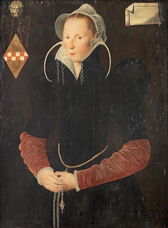 Portrait of a gentleman, three-quarter-length, in a black doublet and embroidered white lace collar; and Portrait of a lady, three-quarter-length, in a black dress with red sleeves and a white cap, holding a gold chain by Netherlandish School