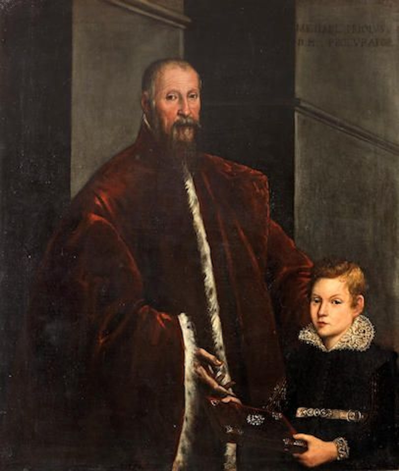 Portrait of Michele Priuli, three-quarter-length, in the robes of a Venetian Senator, standing before a column, with a page at his side by Venetian School