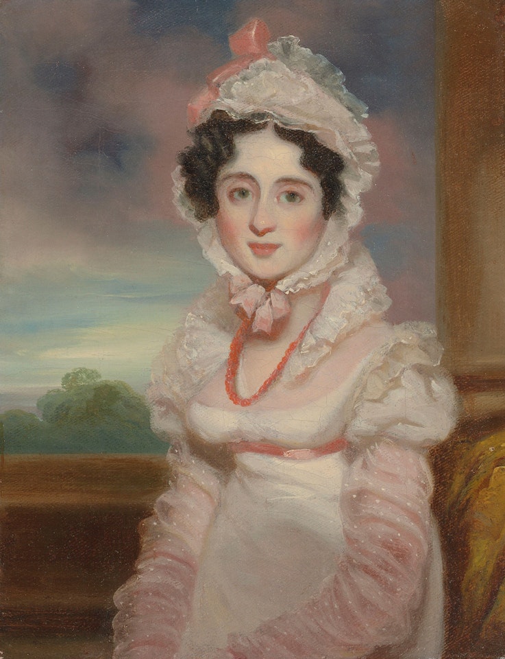 Portrait of a lady seated small half-length in a laced bonnet trimmed with pink ribbon by George Chinnery