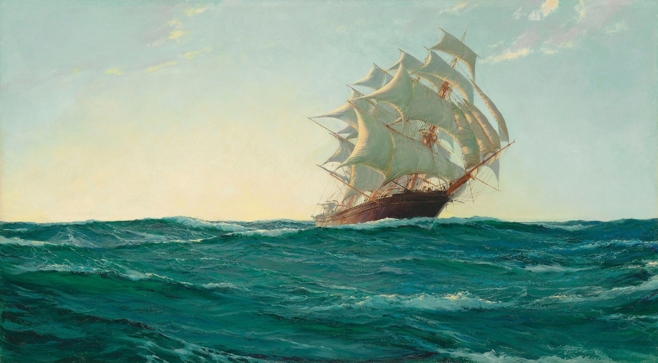 Full sail, sunset by Montague Dawson