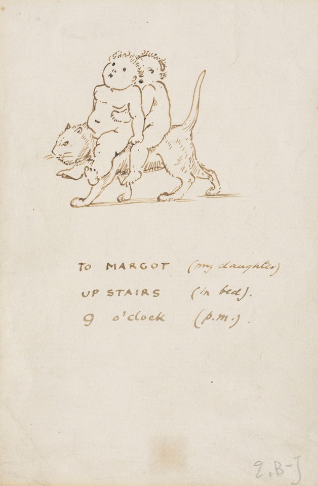 Two babies riding on a cat by Edward Coley Burne-Jones