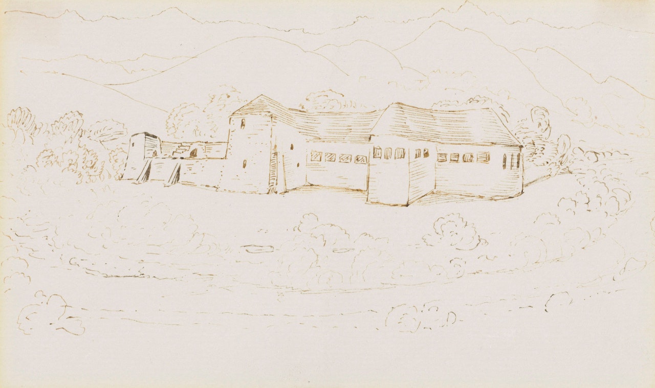 Study of an imaginary moated house by Edward Coley Burne-Jones