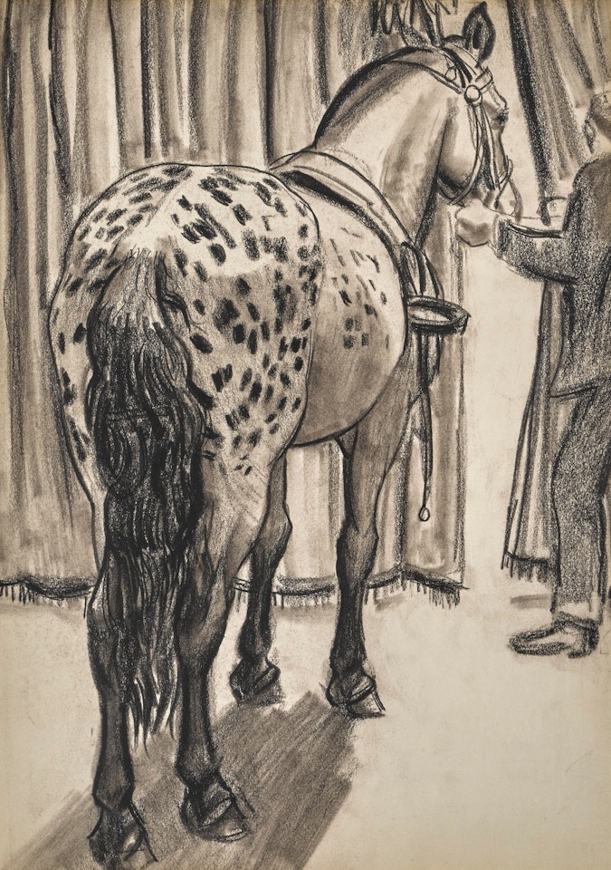 RICHARD BONELLY, THE CLOWN; WHIMSICAL'S LAST YEAR AT OLYMPIA; MR AND MRS WHIMSICAL WALKER AND BUFFER; CIRCUS HORSE WAITING TO GO INTO THE RING by Laura Knight