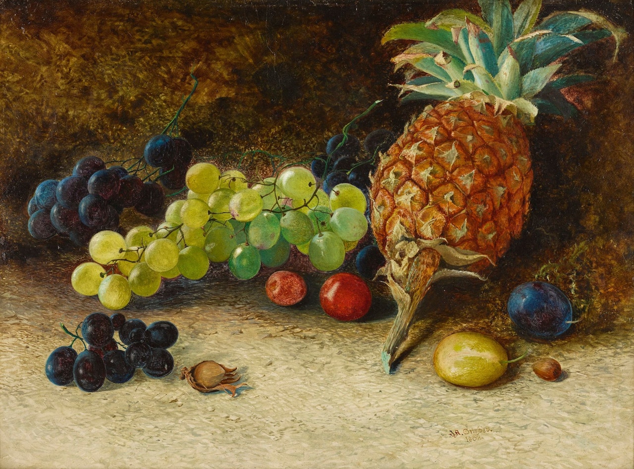 STILL LIFE WITH A PINEAPPLE, GRAPES, NUTS AND PLUMS by John Atkinson Grimshaw