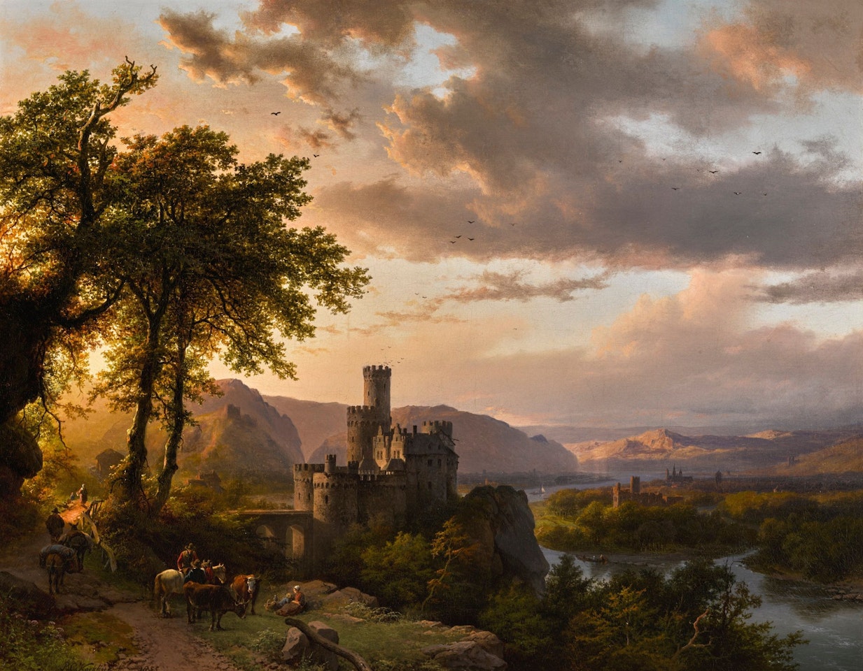 A HILLY LANDSCAPE WITH CASTLE AND TRAVELERS ON A PATH by Barend Cornelis Koekkoek
