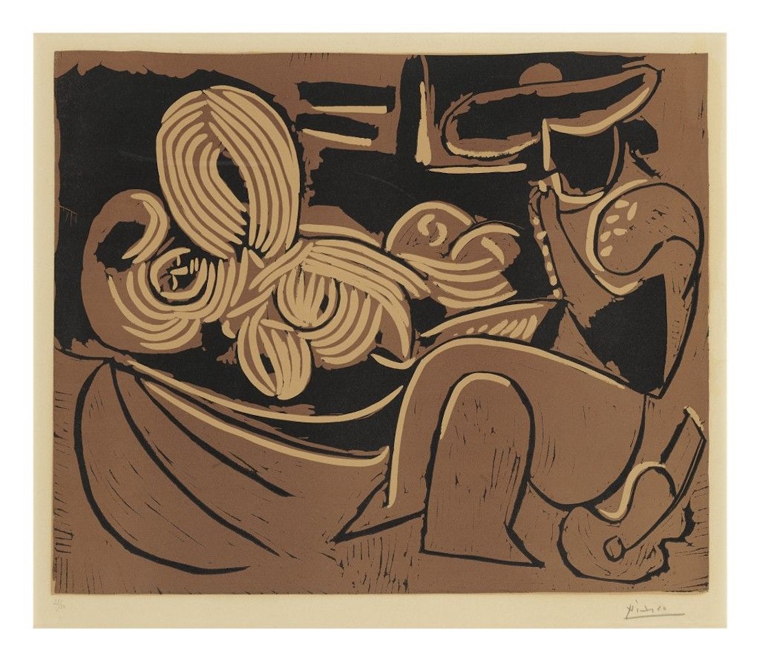 L'AUBADE, AVEC FEMME ENDORMIE (FEMME COUCHÉE ET HOMME À LA GUITARE) (B. 916; BA. 1234) by Pablo Picasso