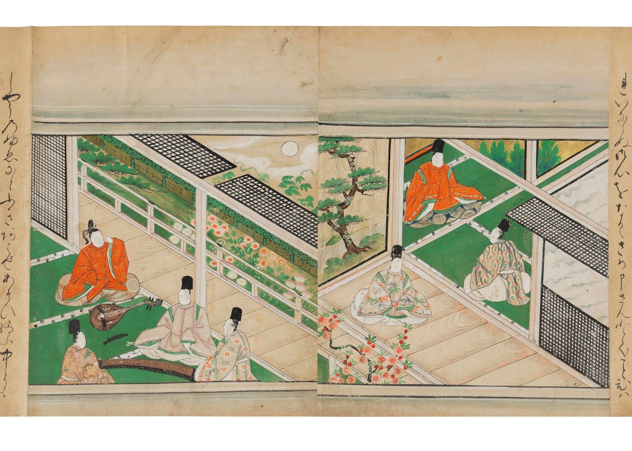 Tosa school, comprising various painted panels depicting figures in courtly scenes by Anonymous