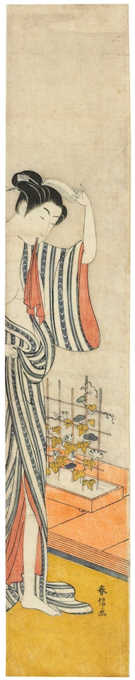 A woman after the bath beside a trellis of morning glories by Suzuki Harunobu
