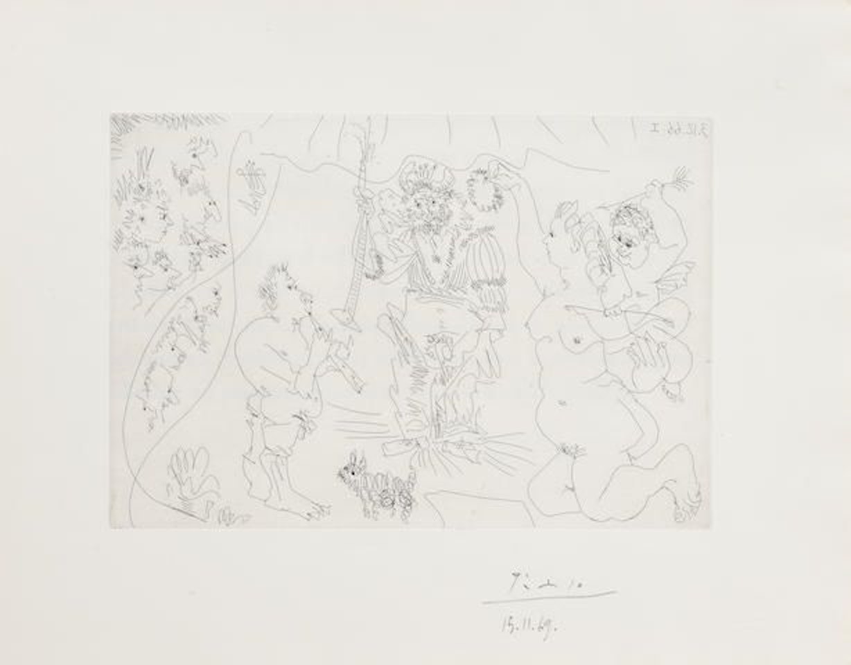 Au Théâtre: Le cocu couronné par Vénus et l'amour flûtiste et petit chien, from El Entierro del Conde Orgaz by Pablo Picasso