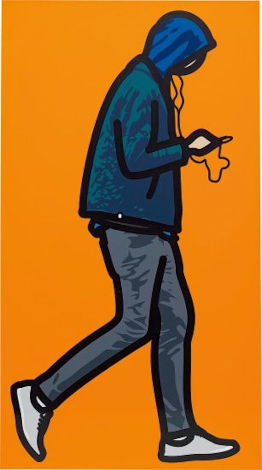 Man in the rain with ipod by Julian Opie