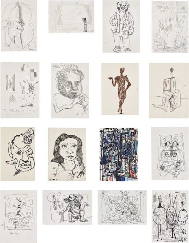 Sixteen works: (i, iii, vii, viii, ix, x, xi, xii, xiv, xv, xvi) Untitled; (ii) The universe that didn't want me; (iv) The DIVINE LIGHT OF CONDO; (v) 7 Abstract FORMS; (vi) Mrs Armstrong; (xiii) Heaven by George Condo