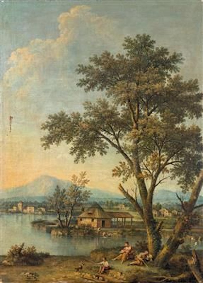 A river landscape with figures resting in the foreground and a washerwoman beyond by Giovanni Battista Cimaroli