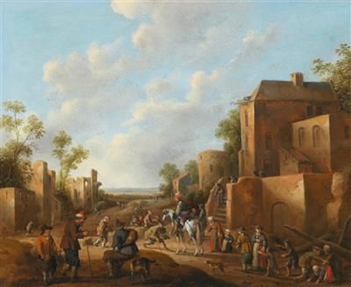 A village landscape with country folk near a tavern by Joost Cornelisz Droochsloot