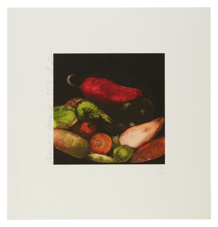 STILL LIFE WITH PEACH; CHERRIES; FOUR PEARS; AND PEPPERS by Donald Sultan