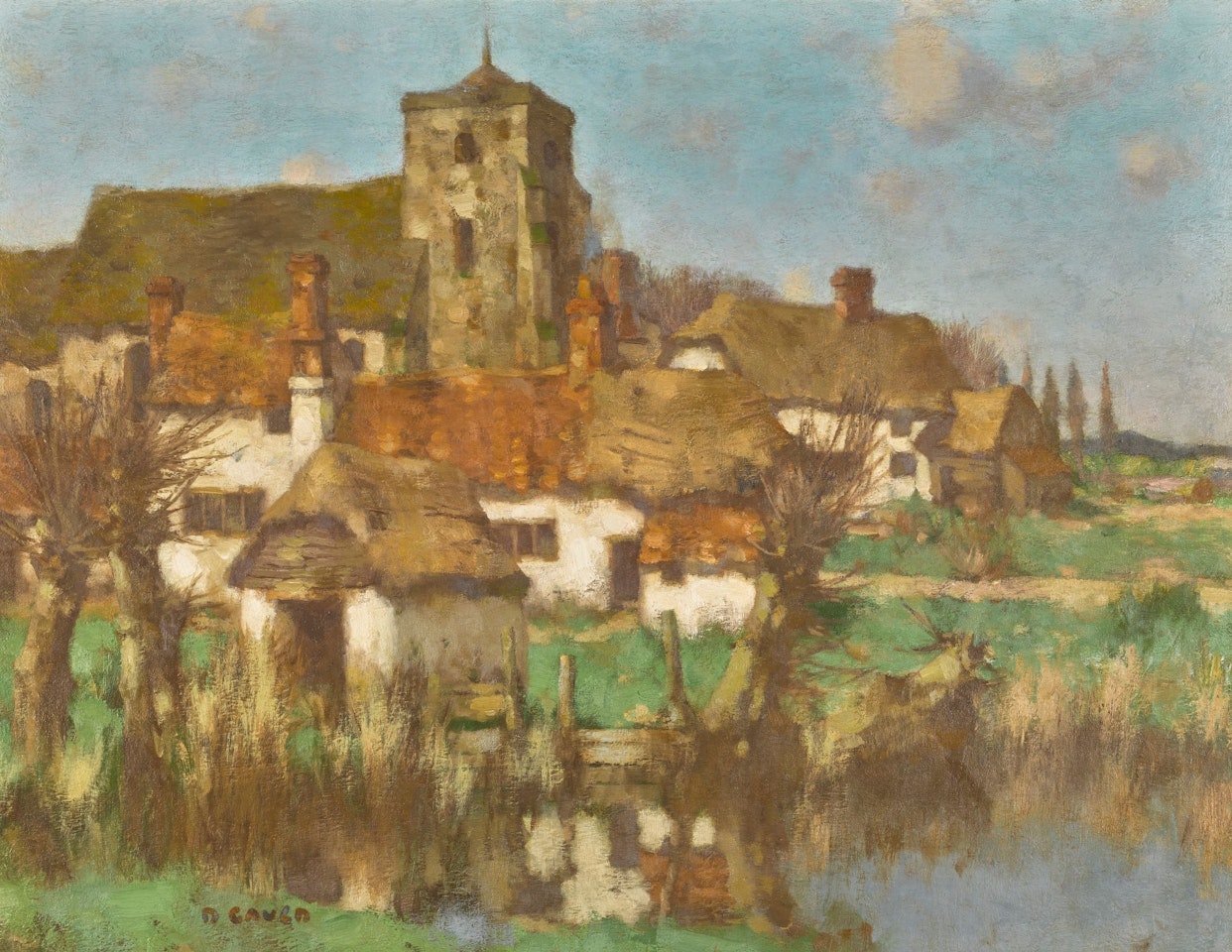 CHURCH AND FARM COTTAGES BY A RIVER by David Gauld