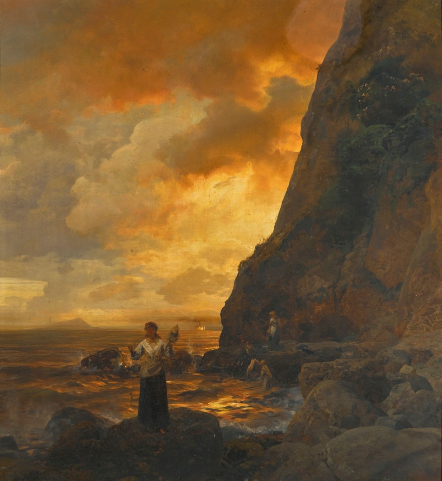 BATHING FIGURES ON THE ROCKS, ITALY by Oswald Achenbach