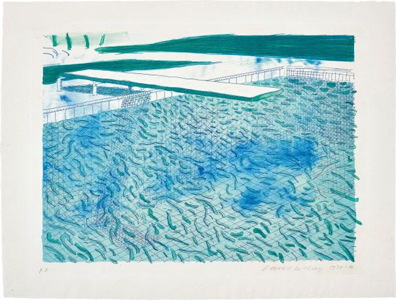 Lithograph of Water Made of Lines, a Green Wash, and a Light Blue Wash by David Hockney