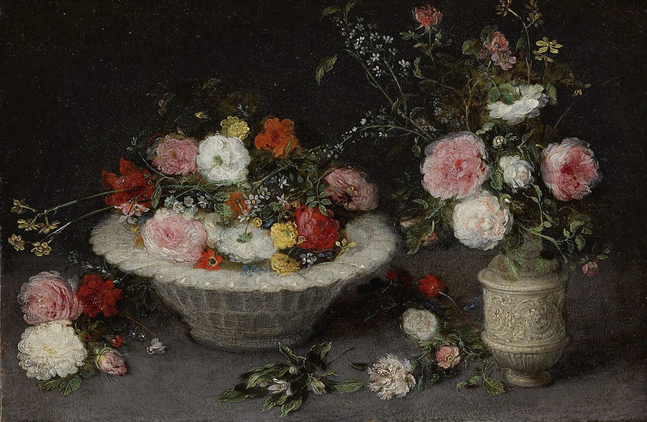 STILL LIFE OF ROSES AND OTHER FLOWERS IN A BOWL AND A VASE, ON A LEDGE by Jan Brueghel the Younger