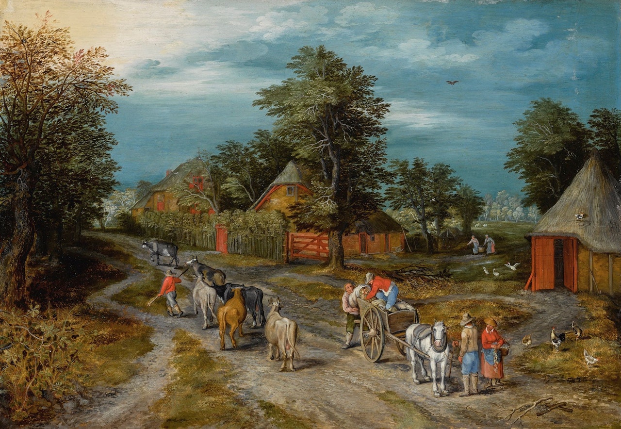 TOWNSFOLK WITH CATTLE AND A CART ON A ROAD BY A FARM by Jan Brueghel the Younger