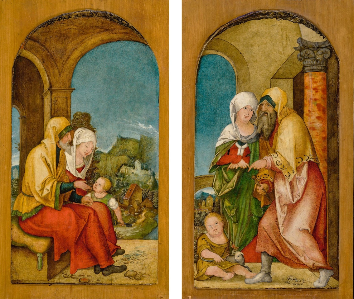 JOHN AND HIS WIFE WITH A YOUNG SAINT PETER; SAINT ELIZABETH WITH ZECHARIAH AND THE YOUNG SAINT JOHN THE BAPTIST by German School