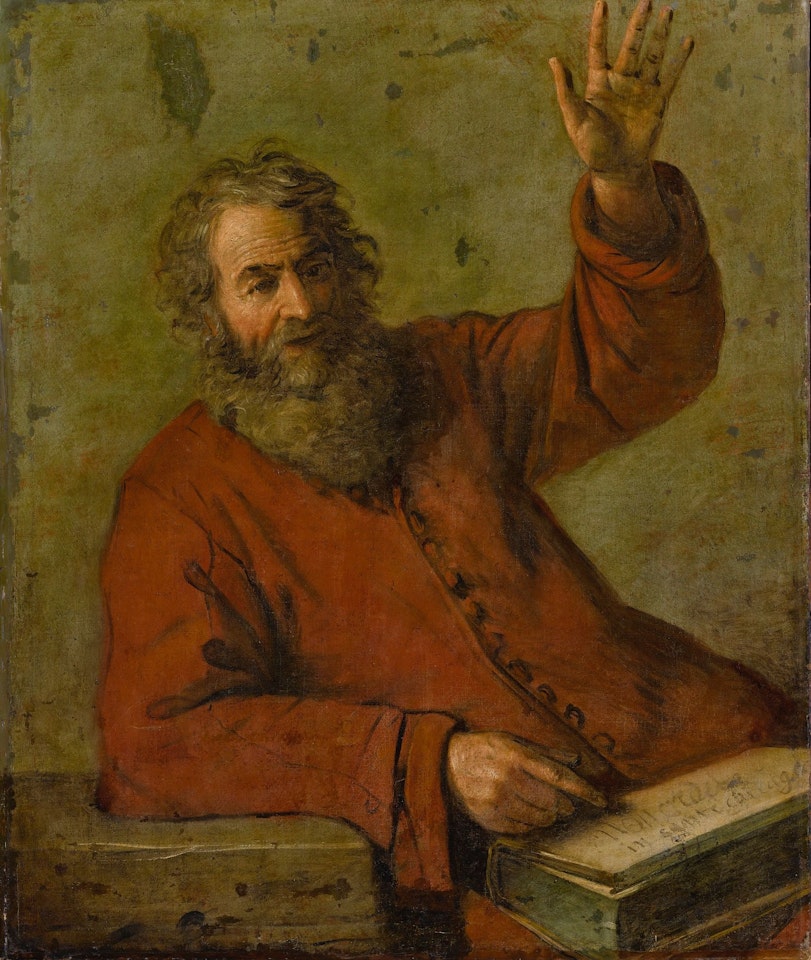 A PROPHET, LEANING ON A LEDGE WITH A BOOK IN HIS LAP, HIS LEFT ARM RAISED by French School