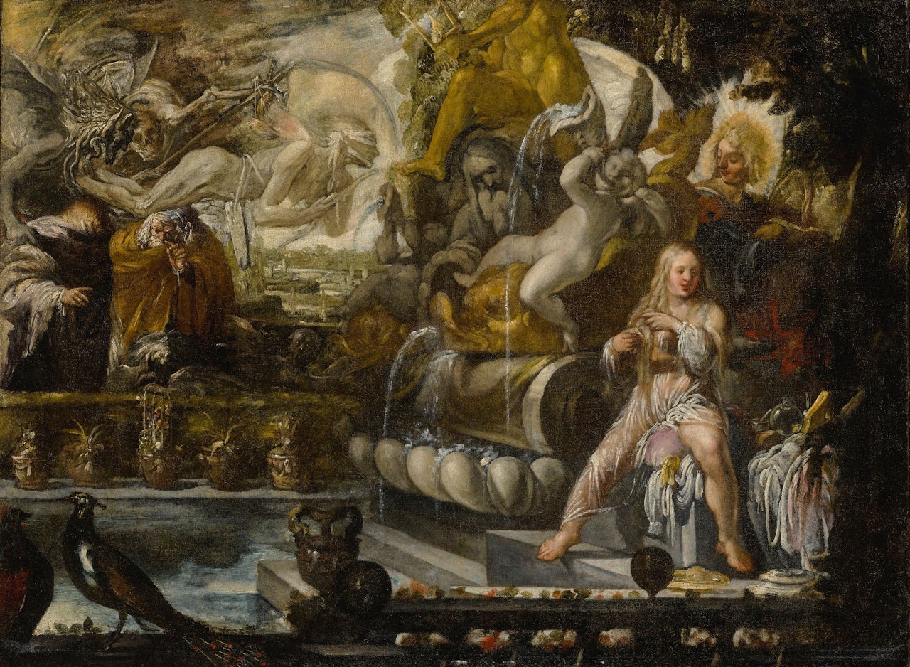 AN ALLEGORICAL SCENE WITH REPRESENTATIONS OF SUSANNAH AND THE ELDERS, ALONG WITH OTHER PAINTED SYMBOLS OF VANITY AND TIME by Venetian School