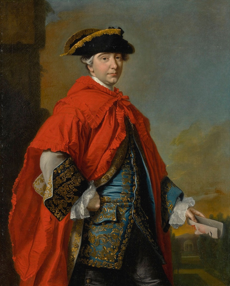 PORTRAIT OF A GENTLEMAN IN MASQUE DRESS WITH ITALIANATE LANDSCAPE BEYOND by Thomas Hudson