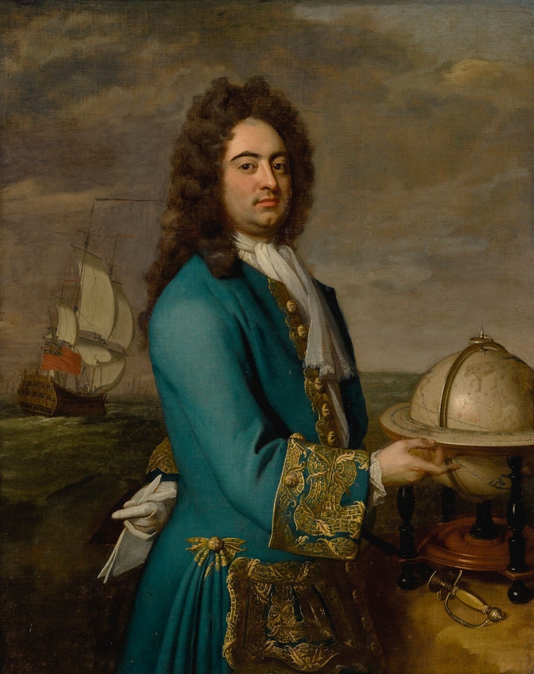 PORTRAIT OF A CAPTAIN WITH A CELESTIAL GLOBE, THREE-QUARTER LENGTH, HIS SHIP BEYOND by Godfrey Kneller