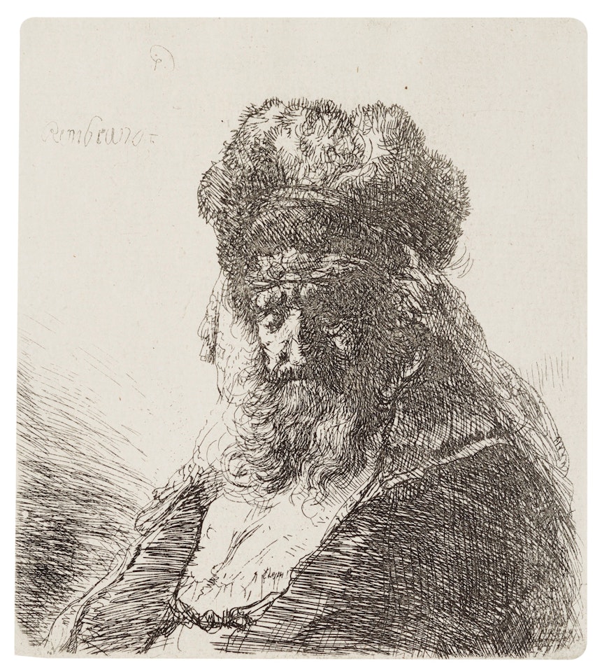 Bearded old Man in high Fur Cap, with Eyes closed by Attributed to Rembrandt Harmensz van Rijn
