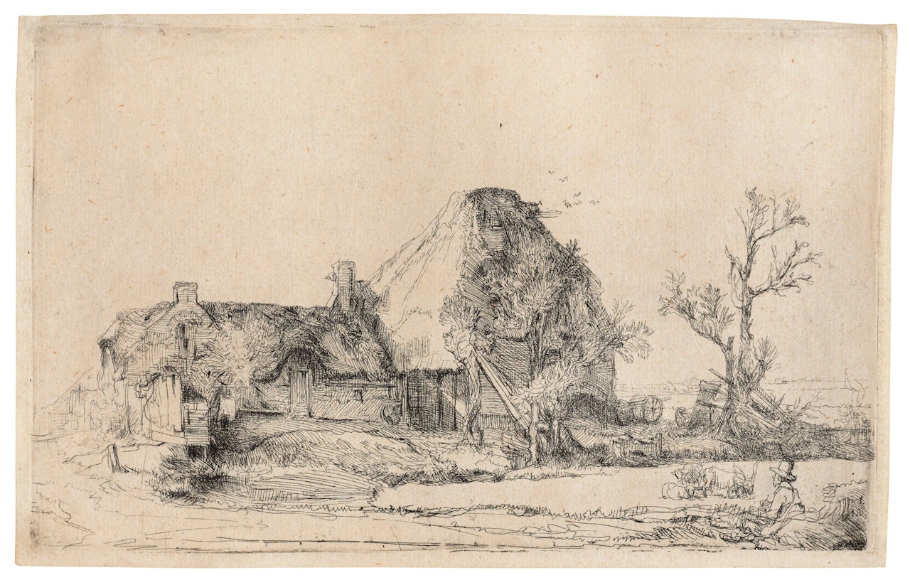 Cottage and Farm Buildings with a Man sketching by Attributed to Rembrandt Harmensz van Rijn
