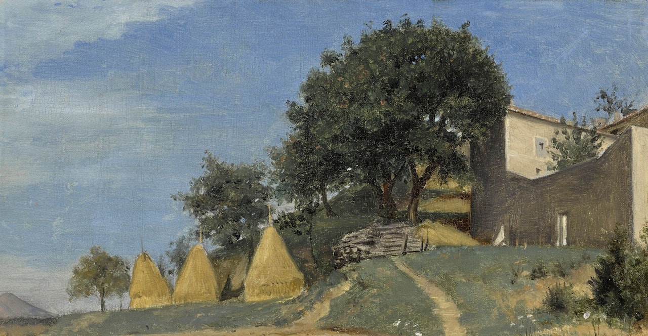 ITALIAN LANDSCAPE IN THE ROMAN CAMPAGNA, WITH HAYSTACKS AT LEFT AND A FARM ON THE HILL TO THE RIGHT by Jean Baptiste Camille Corot