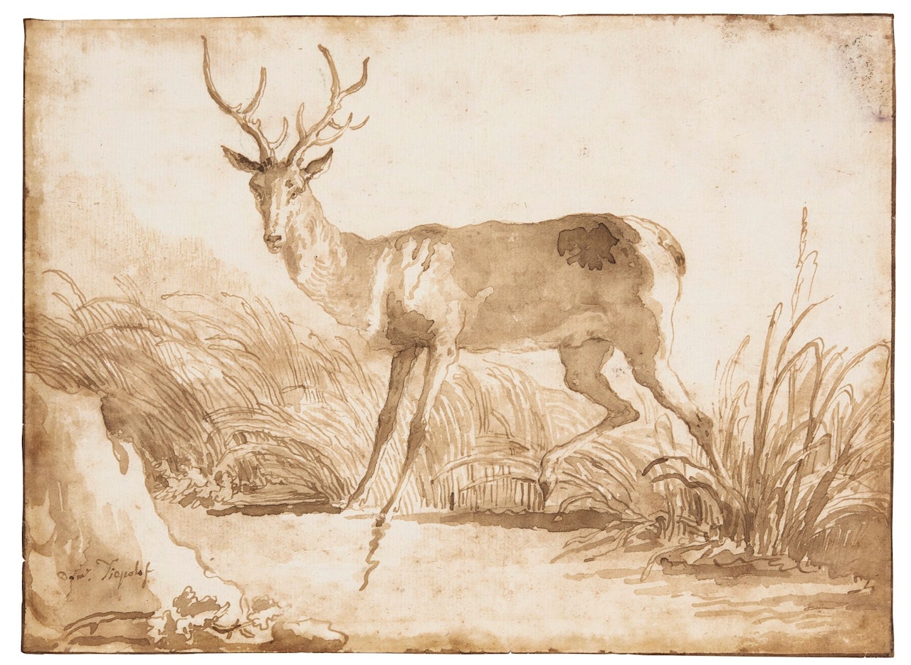 A STAG BY A RIVERBANK by Giovanni Domenico Tiepolo