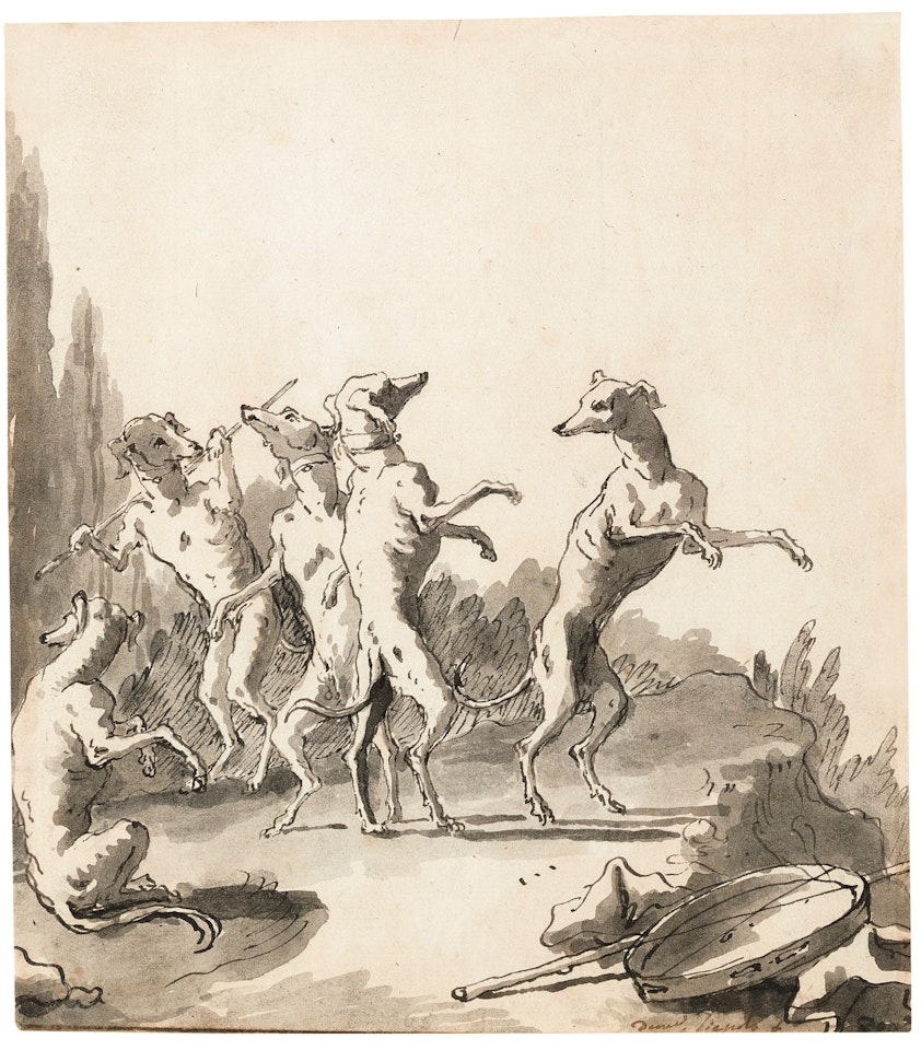 FOUR DOGS DANCING AND ONE SEATED LOOKING TO THE LEFT by Giovanni Domenico Tiepolo