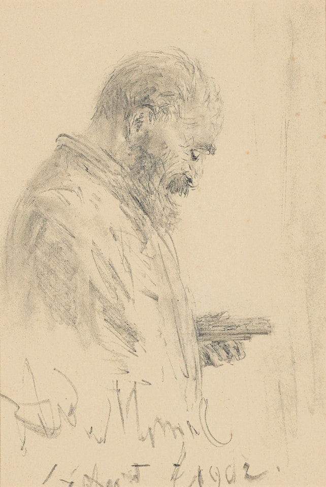 Profile study of a man with sketching block and pencils by Adolph Menzel