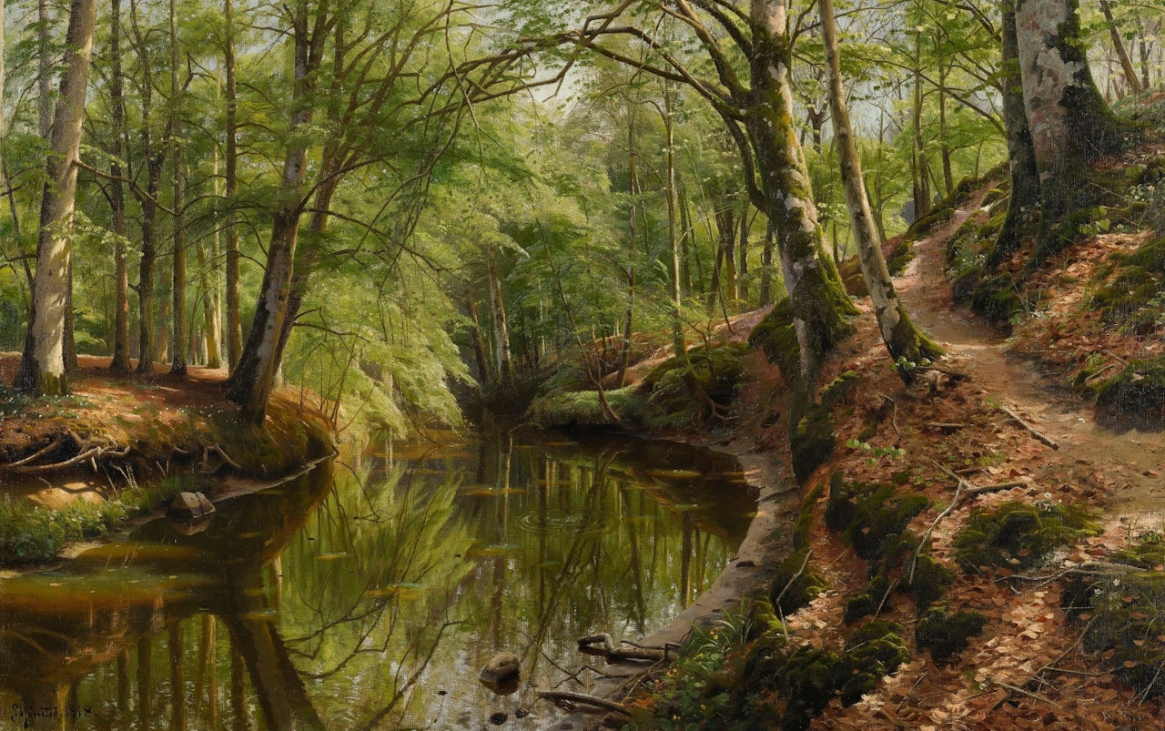 A BROOK FLOWING THROUGH A SPRING WOOD  by Peder Mork Monsted