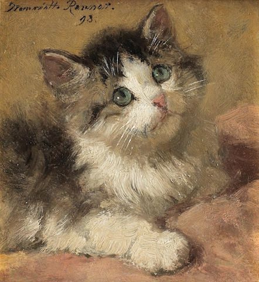 A kitten on a pink cushion by Henriette Ronner-Knip