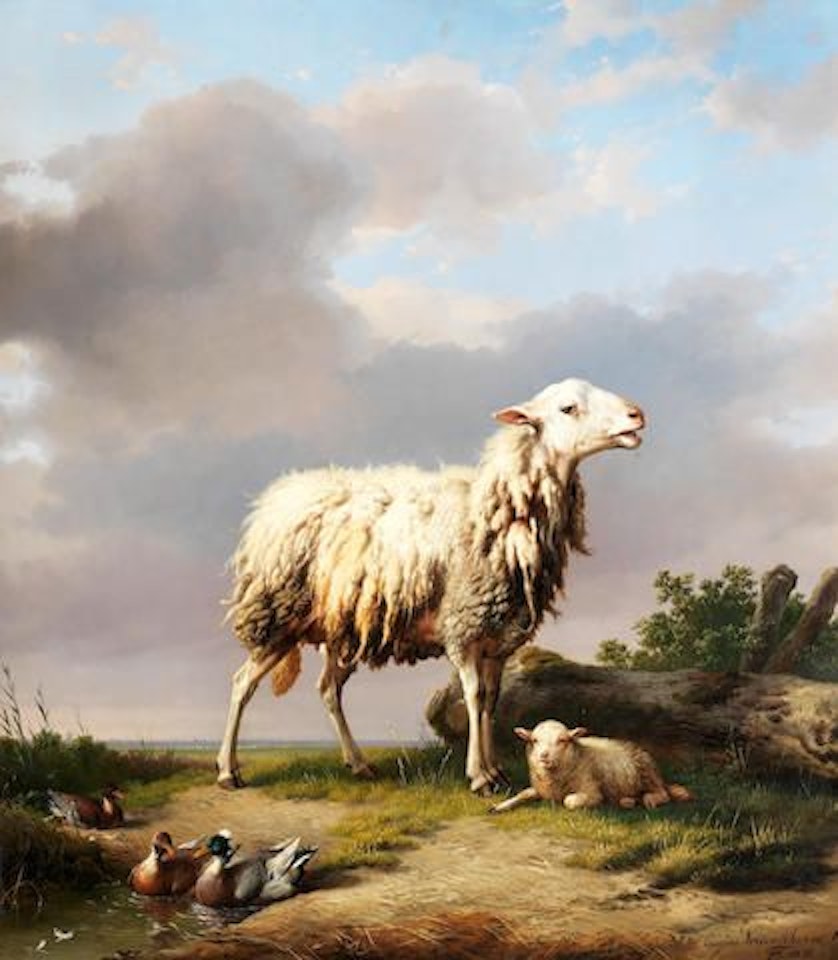 Ewe with her new born lamb by Eugène Joseph Verboeckhoven